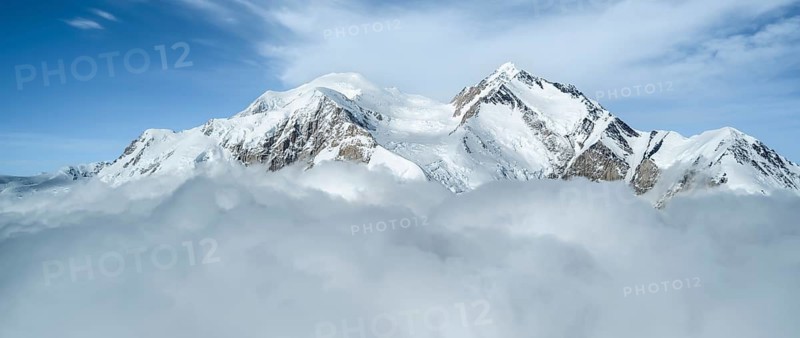 Summit of Mt Denali or Mount McKinley with glacier, aerial view, Alaska Range, Denali National Park, Alaska, USA