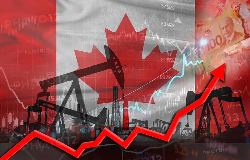 Oil production with Canadian flag, petrol industry. Oil pumps with Canada flag