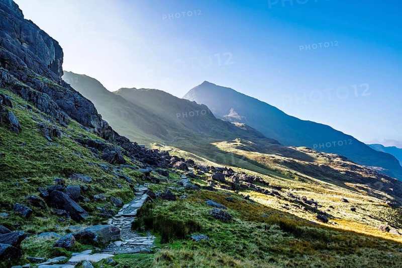 Autumn colours of Pen-y-Pass over Miner's Track, Start Point and road A4086, Snowdonia, Wales, UK