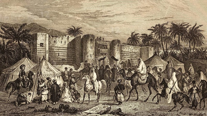 Aqaba, Jordan, Aqaba Castle, square floor plan with round towers, gate, palm trees, riders, camels, Arabs, tents, horse, architecture, steel engraving, historical illustration 1834