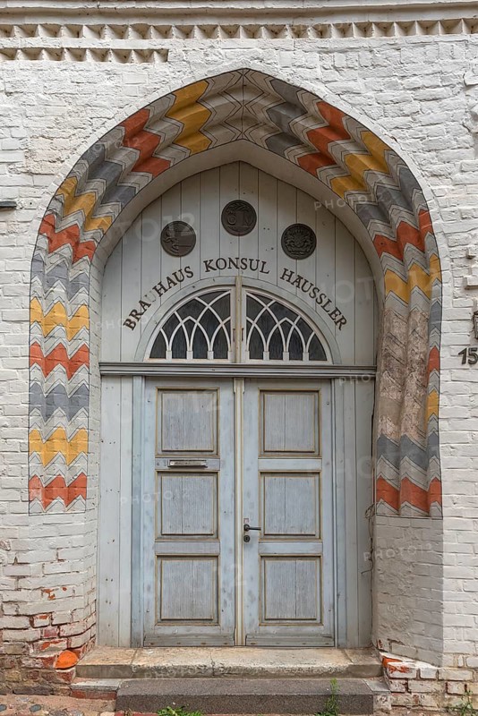 Historic entrance portal of the former Konsul Häussler brewery, Scheuerstraße 15, Wismar, Mecklenburg-Western Pomerania