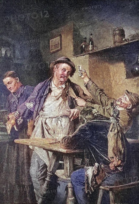 Men drinking schnapps in a farmhouse tavern, Austria, coloured wood engraving, reproduction of an original from ca 1888, Historical, Three men drinking in a tavern, exuberant and joyful drinking mood