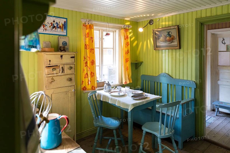 Kitchen in the replica house of Petterson and Findus based on a children's book by Sven Nordqvist, Julita gård open-air museum around the Julita manor house in Julita, Södermanlands län, Sweden