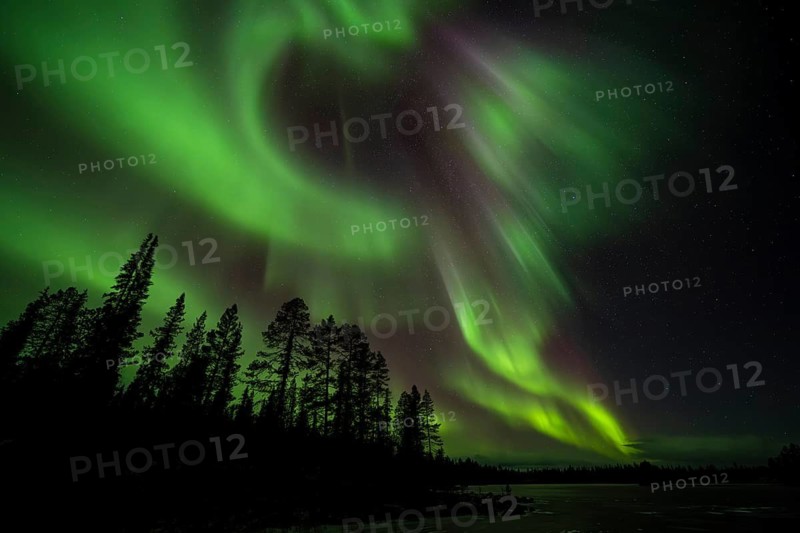 Northern Lights (Aurora borealis) over a frozen lake, Norrbotten, Lapland, Sweden, October 2022