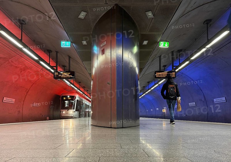 Illuminated subway station Bochumer Verein und Jahrhunderthalle, Bochum, Ruhr area, North Rhine-Westphalia, Germany