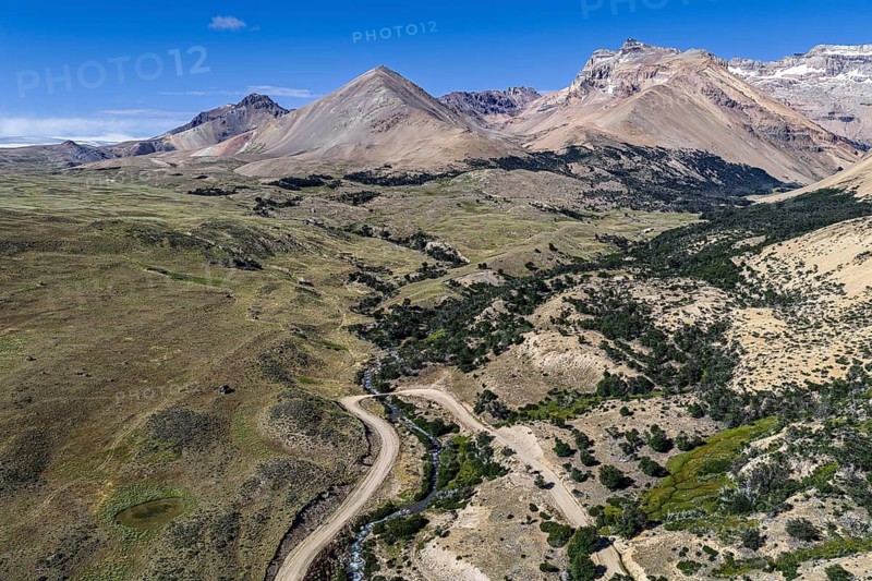 Road Ruta 41, gravel road, arid volcanic landscape, Los Antiguos - Paso Roballo, aerial view, Argentina
