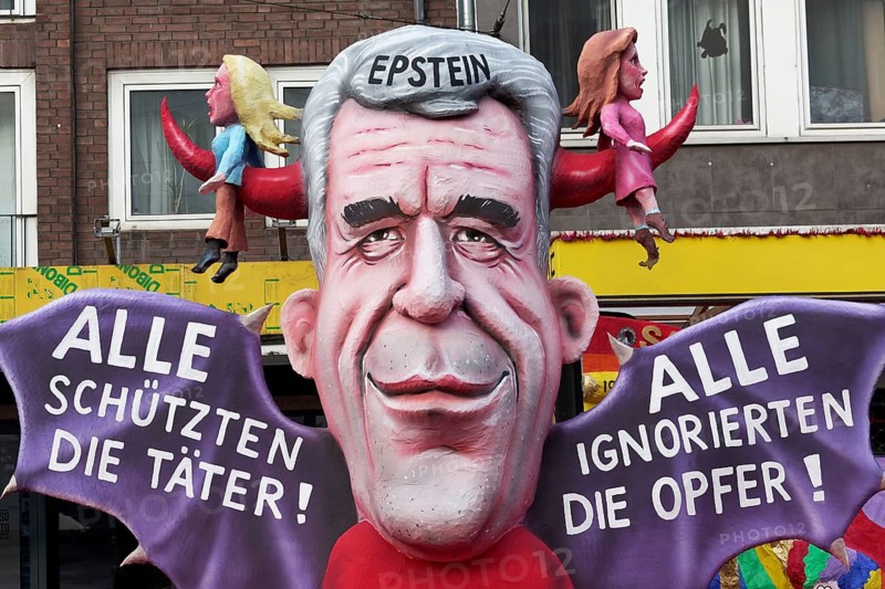 Theme car on the Epstein files scandal by wagon maker Jacques Tilly, All Protect the Perpetrators, All Ignore the Victims, Düsseldorf Rose Monday Train, Düsseldorf, North Rhine-Westphalia, Germany
