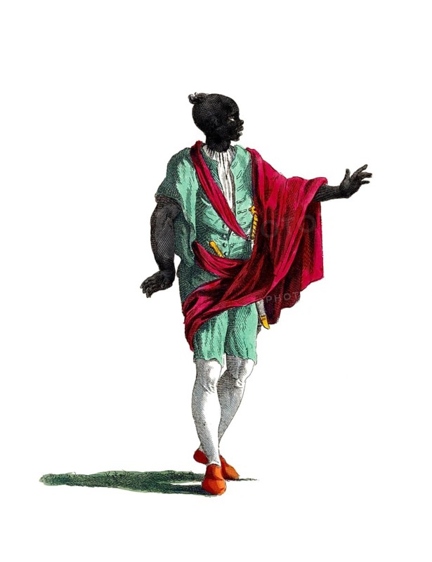 Historical clothing, fashion over time, clothing of one of the guards of the King of Morocco in 1695, digitally restored reproduction of a model from the 18th/19th century, exact date unknown, man in elegant historical clothing with a red cloak