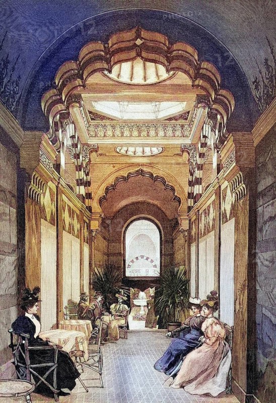 The new hall in the royal bath building at Wildbad, today Bad Gastein, Austria, coloured wood engraving, reproduction from a model from ca 1888, Historical, Women sitting in an elegantly decorated Victorian interior and talking