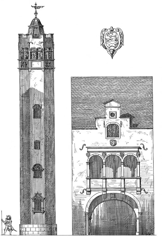 Historical architectural illustration from the 19th Century, 1881, German Renaissance style, 16th century, Knights tower, Hessenhof, Marzellenstrasse street, house now destroyed, Cologne, Germany, Europe, Deutsche Renaissance, Architektur-Zeichnung von 1881, Ritterturm und Hofeinfahrt, Hessenhof, Marzellenstraße, heute nicht mehr vorhanden, Deutschland, Europa