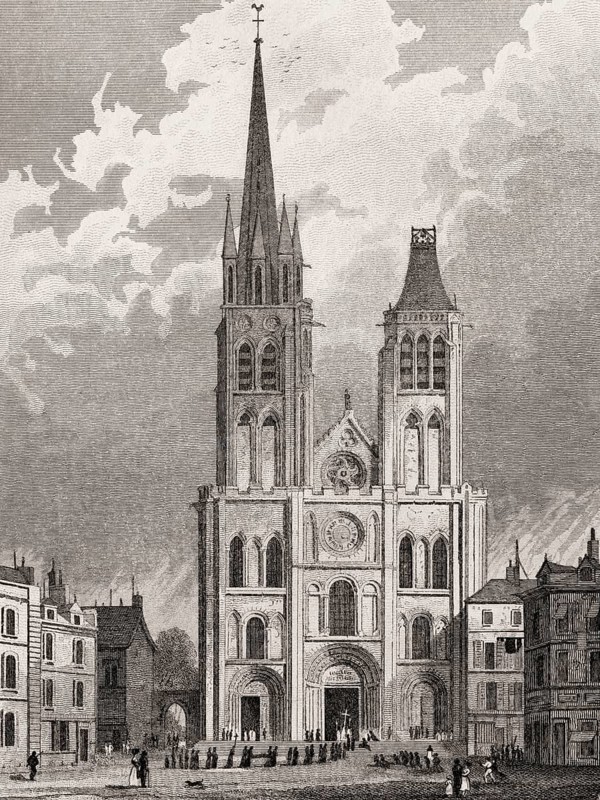 The Basilica of Saint-Denis, Paris, antique steel engraved print, 1831