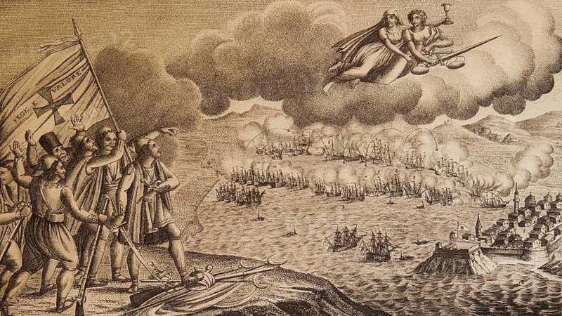 Artistic depiction of a military scene with ships and men on a hill, Historical Museum, Battle of Navarino 1827, Tsiklitiria's House, Pylos, Peloponnese, Greece