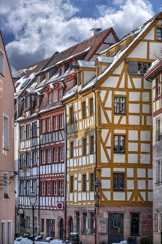 Historic half-timbered houses in Weißgerbergasse in winter, Nuremberg, Middle Franconia, Bavaria, Germany
