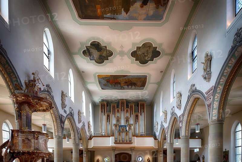 Interior view, organ brochure, parish church of St. Martin, Wangen im Allgäu, Bavaria, Germany