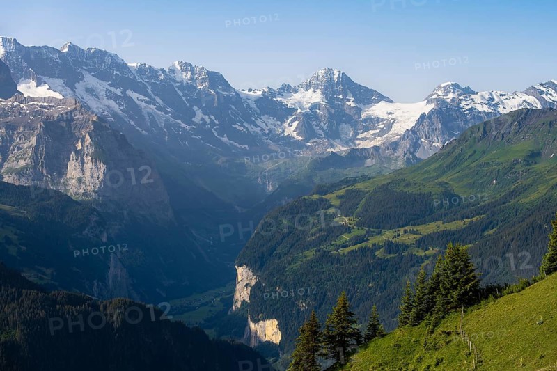 View of the Lauterbrunnen Valley from Schynige Platte, picturesque mountain landscape, glaciated mountain peak Breithorn, Bernese Alps, Bernese Oberland, Switzerland