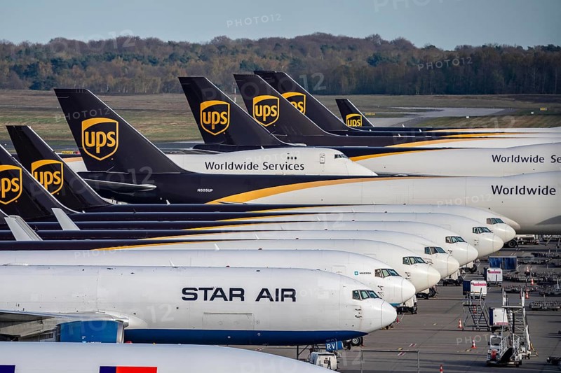 Cologne-Bonn airport, CGN, air freight center, UPS Logisic Hub, UPS cargo aircraft on the apron, Star Air Cargo aircraft, Maersk, at the logistics center