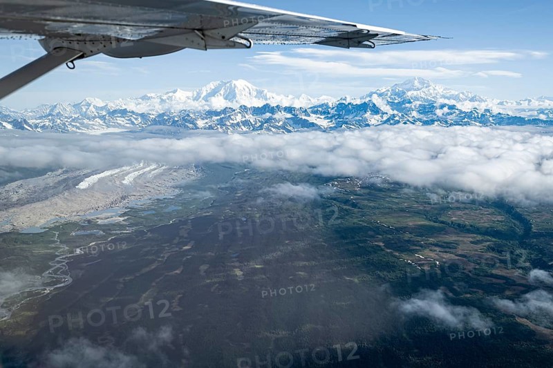 Kahlitna Glacier, Mt Foraker and Mt Denali or Mount McKinley, aerial view, Alaska Range, Denali National Park, Alaska, USA