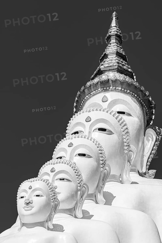 Five-headed Buddha statue, black and white photo, Wat Phra That Sorn Kaew Buddhist temple complex, Phetchabun province, Thailand