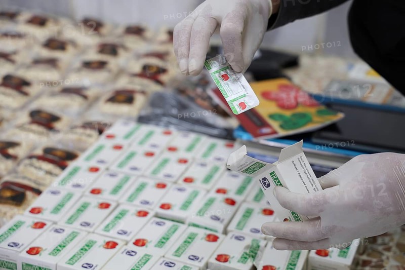 Personnel from the Syrian Anti-Narcotics Directorate display a massive cache of confiscated illegal drugs following a successful operation against an organized crime network in the Jaramana district. The major bust resulted in the seizure of 670 kilograms of cannabis, 172, 000 Captagon pills, 1.3 kilograms of crystal meth, and 340 grams of cocaine, showcased at the directorate's headquarters in Damascus, Syria on April 15, 2026, Damascus, Syria