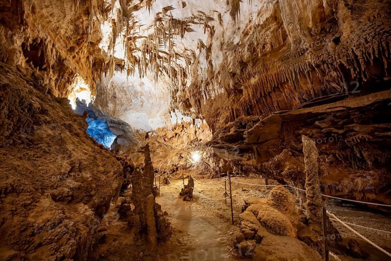 Stalactites and stalagmites, rock formations in a stalactite cave, Grotta del Fico, Gulf of Orosei, Baunei, Sardinia, Italy