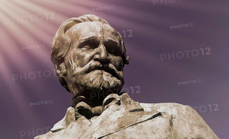 Verdi monument in front of Rocca dei Marchesi Pallavicino, Piazza Giuseppe Verdi, Busseto, Province of Parma, Emilia-Romagna, Italy, Europe, digitally edited