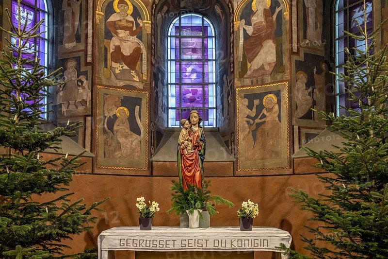 Marian altar in the interior of St. Patrokli Cathedral in Soest, North Rhine-Westphalia, Germany