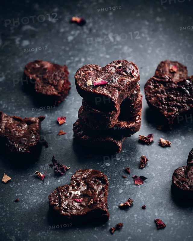 A stack of heart-shaped chocolate treats intertwined with delicate rose petals, creating an elegant and romantic presentation on a dark slate surface