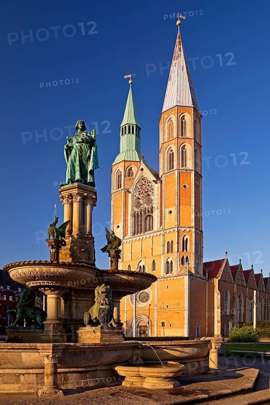 Henry's Fountain in honour of Henry the Lion in front of St. Catherine's Church, St. Catherine's, Brunswick, Lower Saxony, Germany