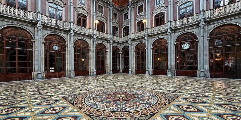 Floor mosaic in the courtyard, Palácio da Bolsa, neoclassical style stock exchange, magnificent building, UNESCO World Heritage Site, Porto, Portugal