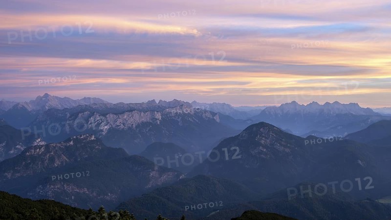Sunset view from Zwiesel to the Berchtesgaden Alps with Hochkalter and horse-rider Alm and to the Loferer Steinberge Mountains, Bavaria, Germany