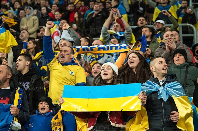 WROCLAW, POLAND - MARCH 26, 2024: Qualifications for UEFA Euro 2024. Final play-off match Ukraine - Iceland 2:1. Supporters of Ukraine.