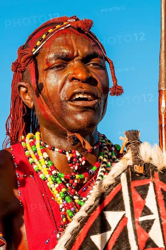 Maasai participants in the International Carnival Seychelles, Victoria, Mahe, Republic of Seychelles, Indian Ocean