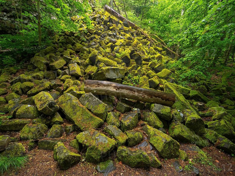 Basalt boulders, beside the basalt prisms, Gangolfsberg, Rhön Biosphere Reserve, Bavaria, Germany