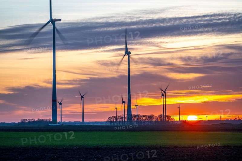 Sunset at Issum wind farm, Lower Rhine, North Rhine-Westphalia, Germany