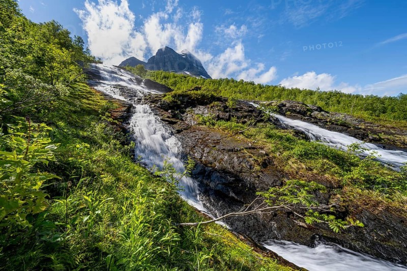 Waterfall on the river Flou between Birkenwald, Innerdalen, Hochtal, Sunndal, Møre og Romsdal, Vestlandet, Norway