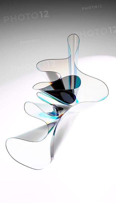 Modern abstract glass sculpture with swirling shapes and reflective surfaces. Subtle rainbow hues on a white background add dynamic visual interest. Perfect for contemporary art themes