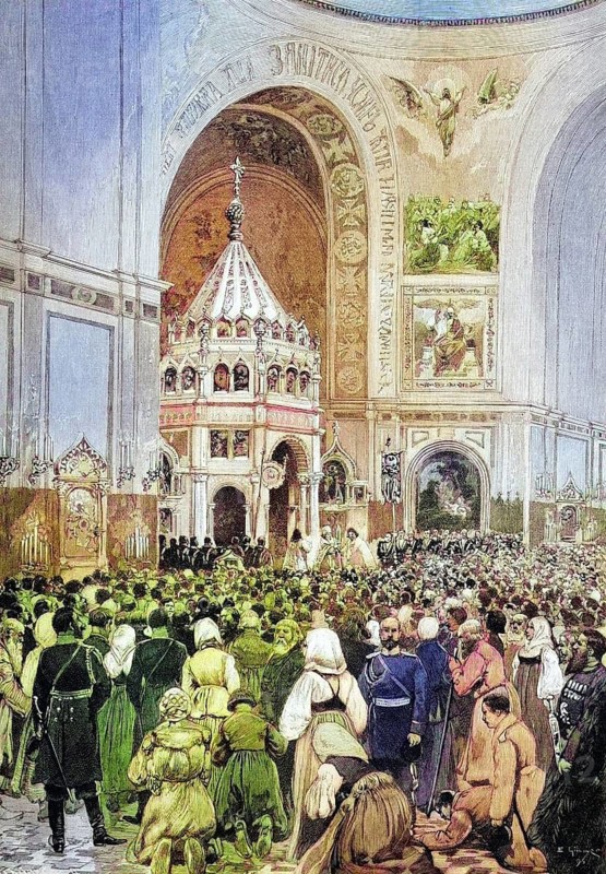 Service on Ascension Day in the Church of the Saviour in Moscow, Russia, coloured wood engraving, reproduction from a model from ca 1888, Historical, A large crowd gathers in a richly decorated church