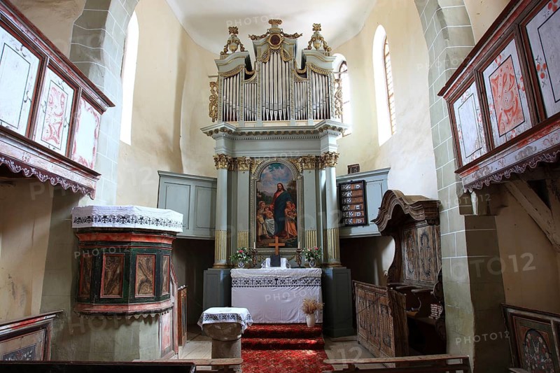 Romania, chancel of the Romanesque hall church of the fortified church of Viscri, German German Weisskirch a town in the district of Brasov, Transylvania, UNESCO World Heritage Site