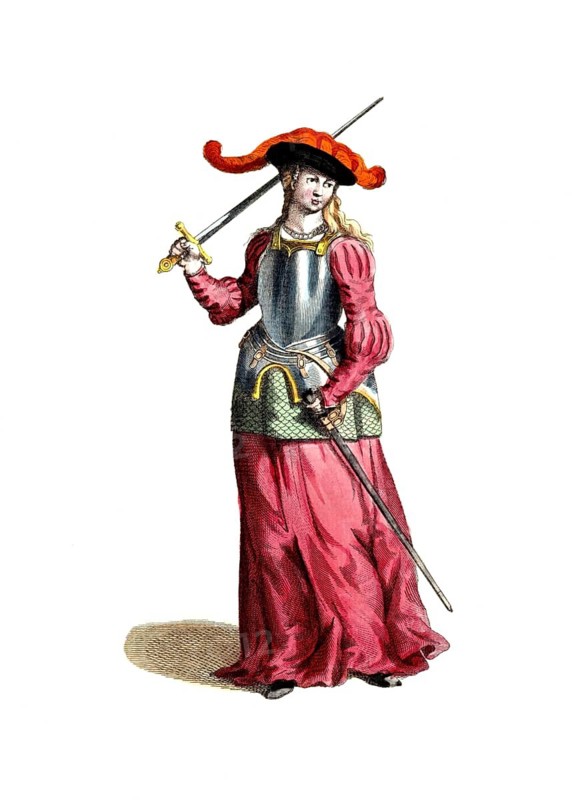 Historical clothing, fashion over time, Joan of Arc (born probably 1412, died 30 May 1431 in Rouen, France), called Joan of Arc or Maid of Arc, was a French resistance fighter in the Hundred Years' War, digitally restored reproduction of an 18th/19th century original, exact date unknown, A woman in knightly clothing with sword and armour, on a white background