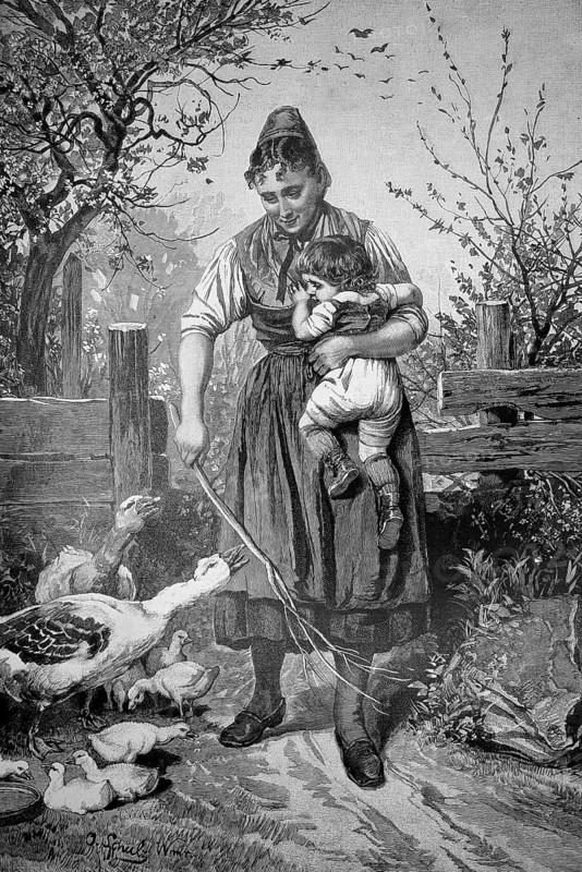 The geese have attacked a toddler, the mother rescued the child and drives away the birds with a branch, 1892, authentic, digitally restored reproduction from a 19th century model, exact date of depiction unknown, historical, woman with child in her arms feeding ducks on a farm in a natural setting