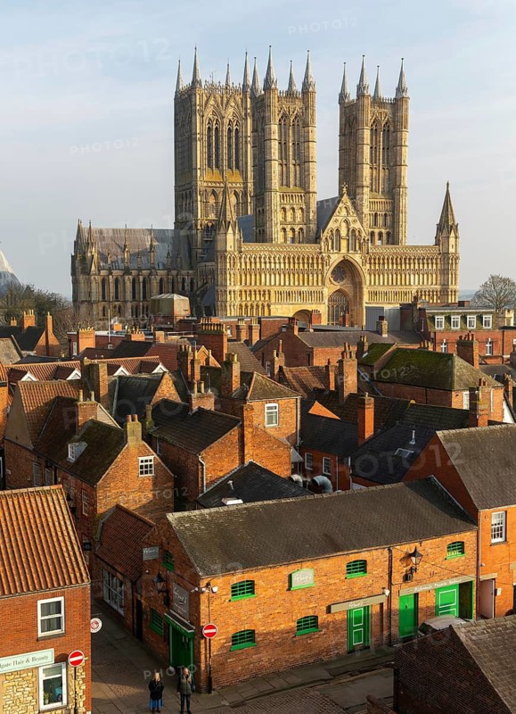 West frontage of Lincoln cathedral church viewed from castle walls, city of Lincoln, Lincolnshire, England, UK
