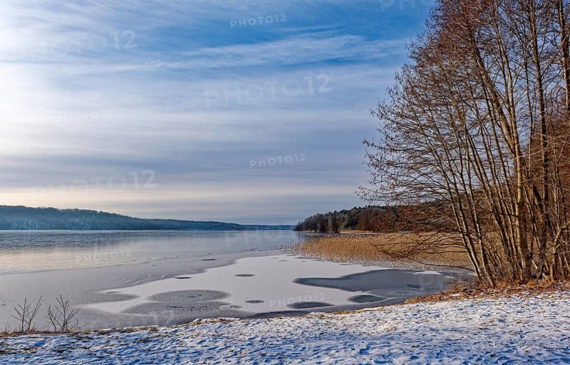 Snow on the shore and ice fields on Lake Werbellin in the UNESCO Schorfheide-Chorin Biosphere Reserve. Joachimsthal, Schorfheide, Brandenburg, Germany