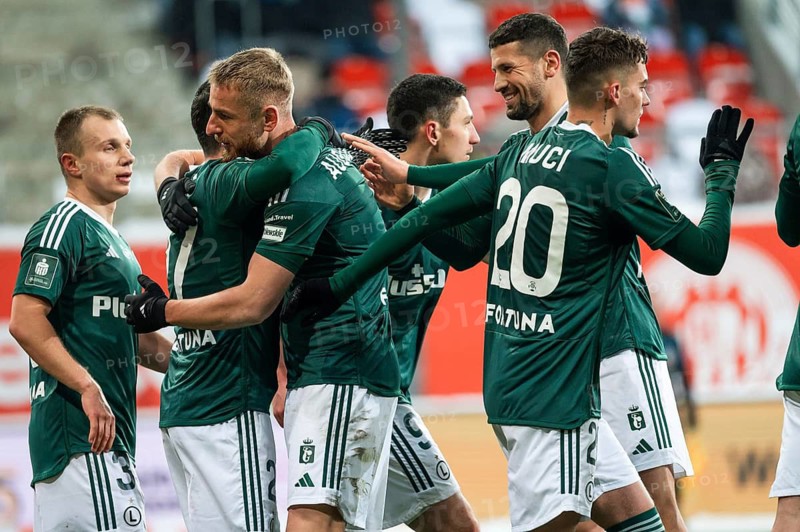 LUBIN, POLAND - DECEMBER 3, 2023: Football match Polish PKO Ekstraklasa between KGHM Zaglebie Lubin vs Legia Warszawa 0:3. Team of Legia after scoring goal