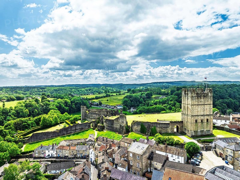 Richmond Castle from a drone, Richmond, Yorkshire Dales, North Yorkshire, England, United Kingdom