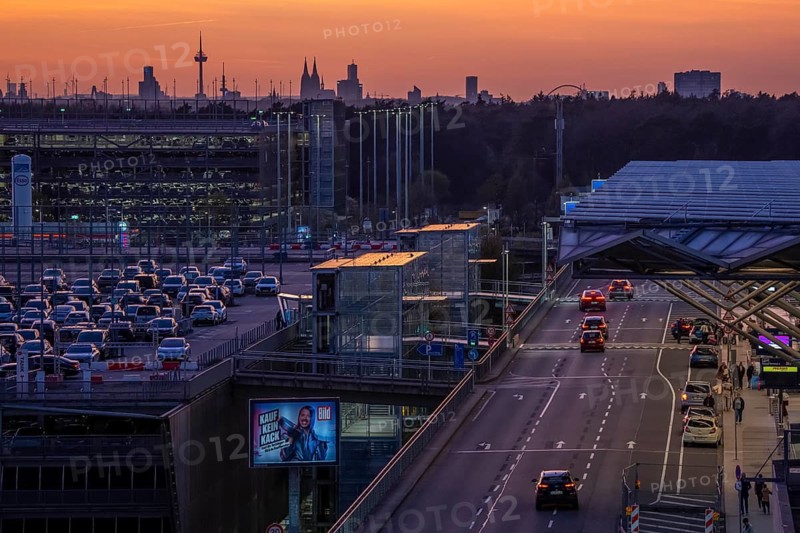 Cologne-Bonn Airport car parks, Cologne city center skyline, Cathedral, North Rhine-Westphalia, Germany