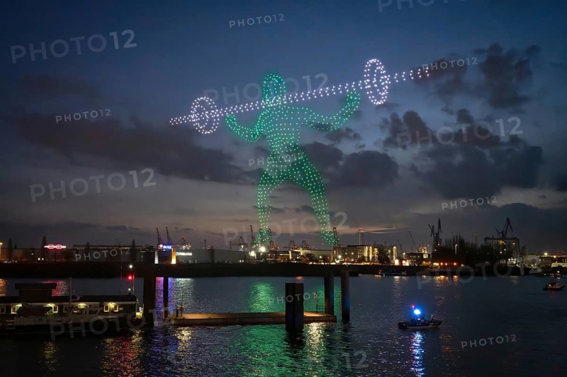 Drone light show over the Elbe as part of the Hamburg Olympic bid on 26.02.2026, Landungsbrücken, Hamburg, Germany