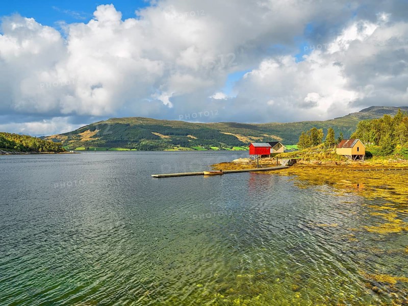 Boathouses at Levang Harbour, Autumn, Sea, Jetty, Helgeland, Nordland, Arctic Circle, Scandinavia Lovund, Norway