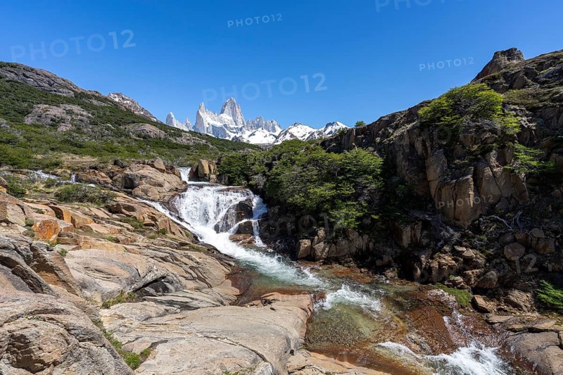 Chorrillo del Salto waterfall flows over rock steps, in the background the Fitz Roy mountain range with snow-capped peaks, surrounded by southern beech trees under a blue sky, Los Glaciares National Park, El Chaltén, Santa Cruz Province, Patagonia, Argentina