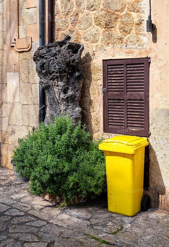 Urban architecture and house facades in the picturesque mountain village of Valdemossa, Majorca, Balearic Islands, Spain