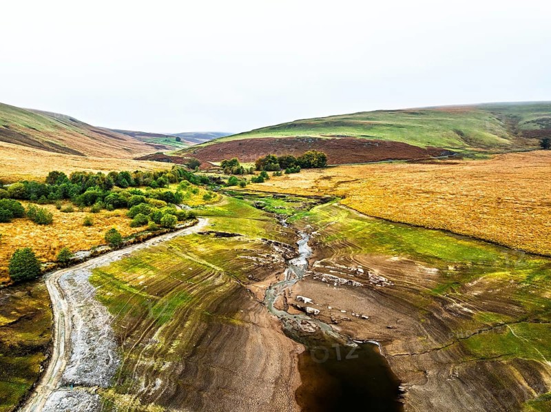 Autumn over Craig Goch Dam from a drone, Elan Valley Reservoirs, Elan Valley, Rhayader, Powys, Wales, UK
